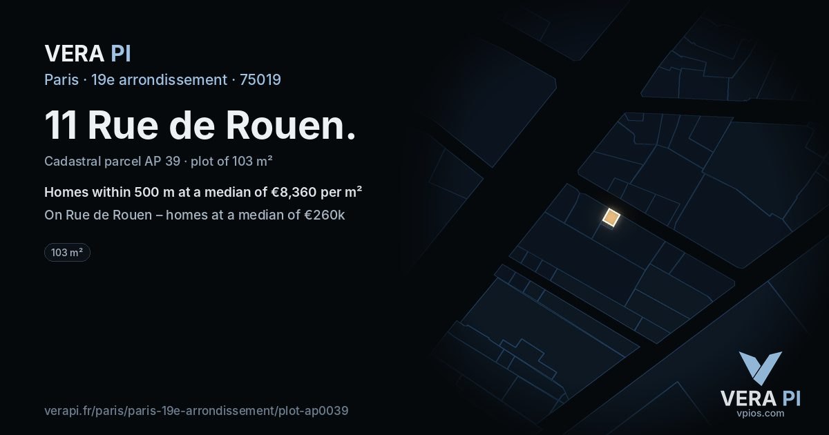 11 Rue de Rouen, 19e arrondissement at night – the plot lit, the parcels around coloured by the prices near them