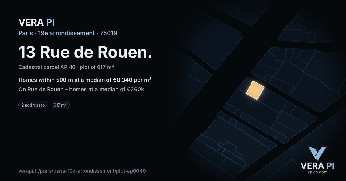 13 Rue de Rouen, 19e arrondissement at night – the plot lit, the parcels around coloured by the prices near them