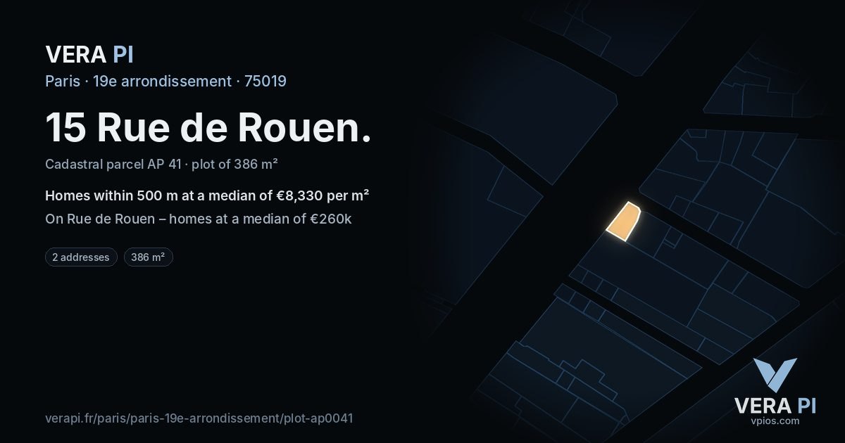 15 Rue de Rouen, 19e arrondissement at night – the plot lit, the parcels around coloured by the prices near them