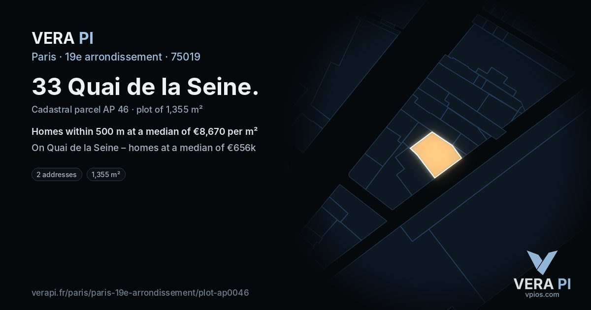 33 Quai de la Seine, 19e arrondissement at night – the plot lit, the parcels around coloured by the prices near them