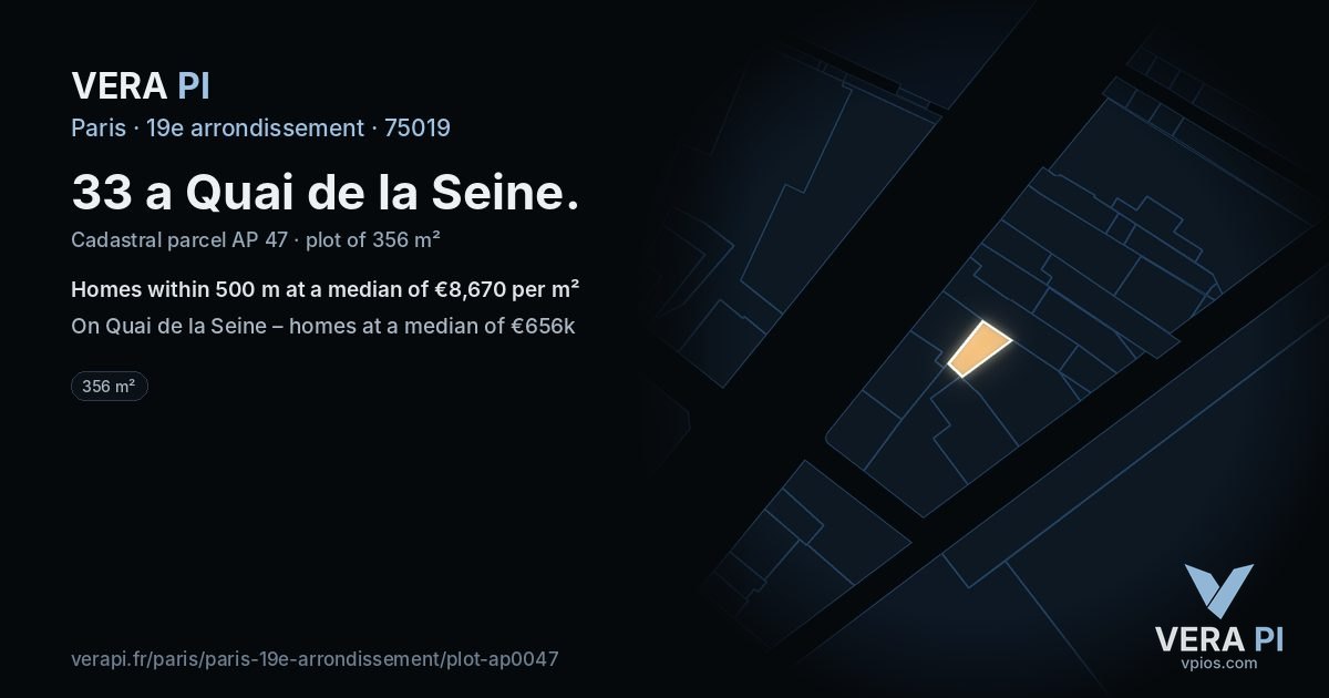 33 a Quai de la Seine, 19e arrondissement at night – the plot lit, the parcels around coloured by the prices near them