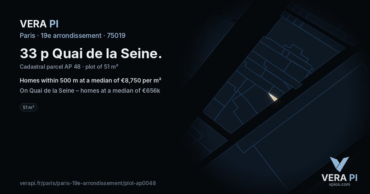 33 p Quai de la Seine, 19e arrondissement at night – the plot lit, the parcels around coloured by the prices near them