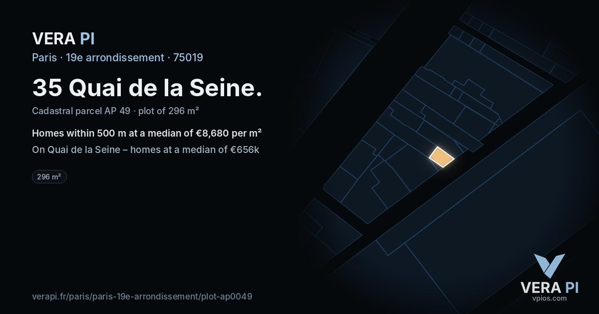 35 Quai de la Seine, 19e arrondissement at night – the plot lit, the parcels around coloured by the prices near them
