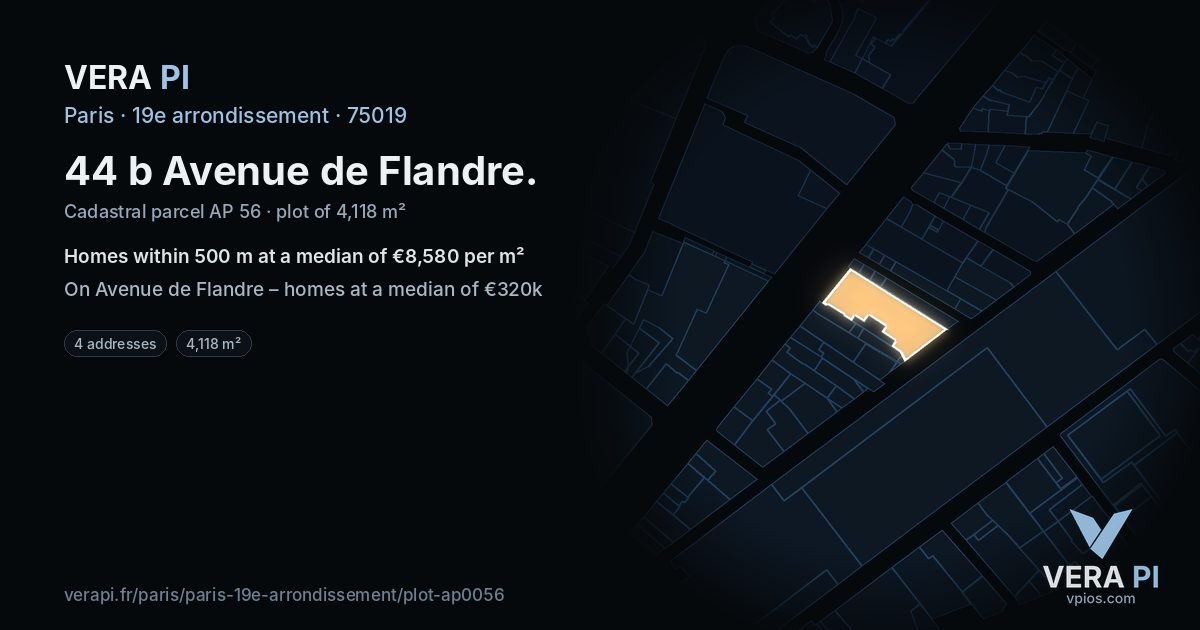 44 b Avenue de Flandre, 19e arrondissement at night – the plot lit, the parcels around coloured by the prices near them