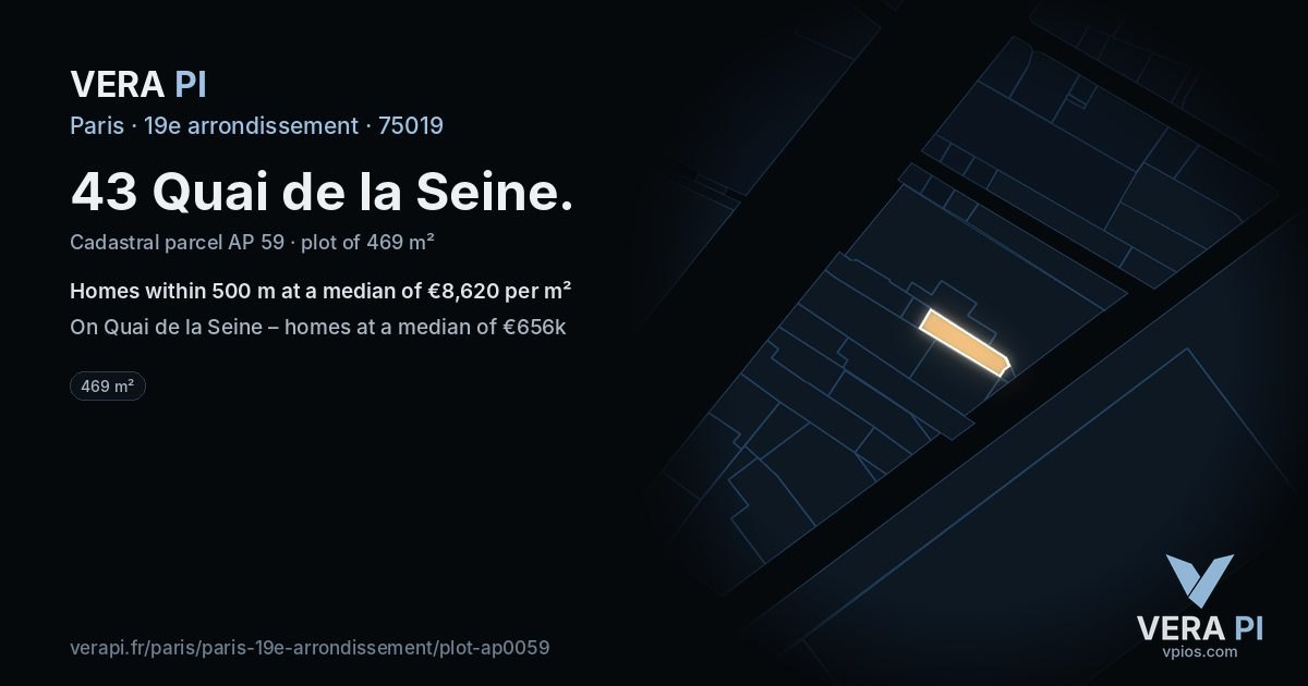 43 Quai de la Seine, 19e arrondissement at night – the plot lit, the parcels around coloured by the prices near them