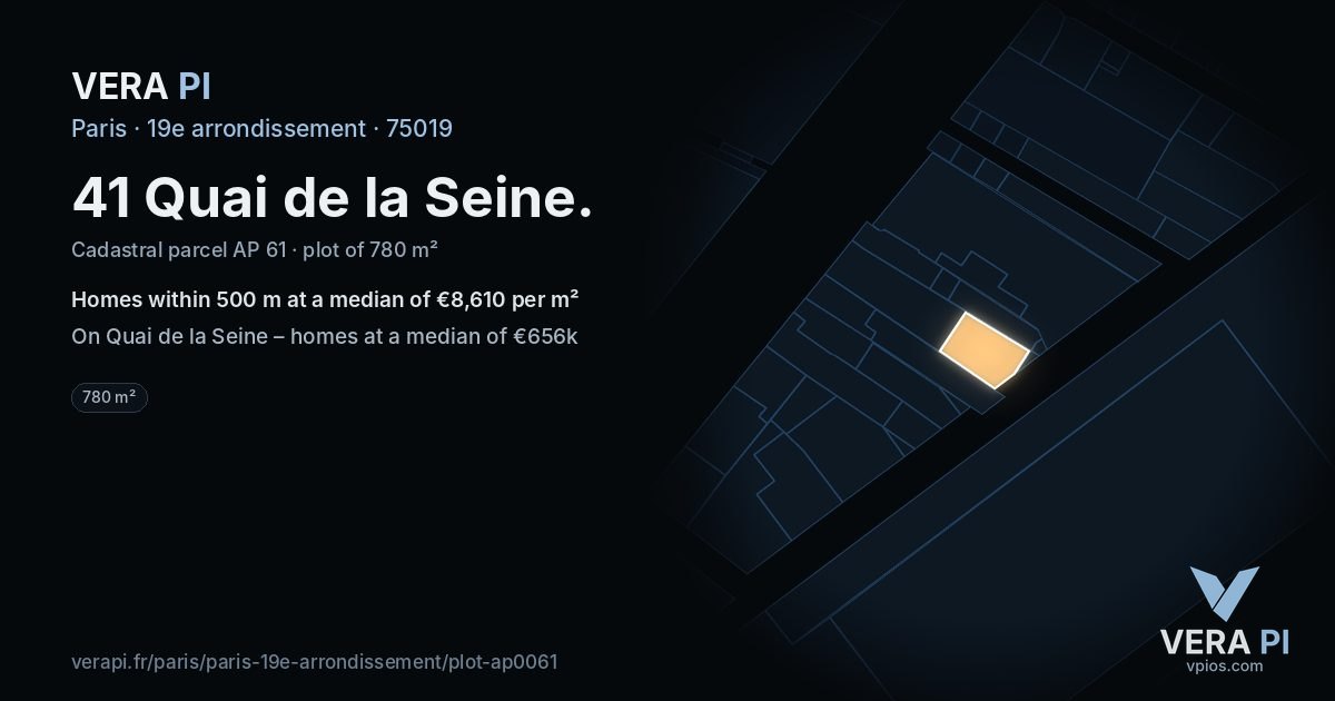 41 Quai de la Seine, 19e arrondissement at night – the plot lit, the parcels around coloured by the prices near them