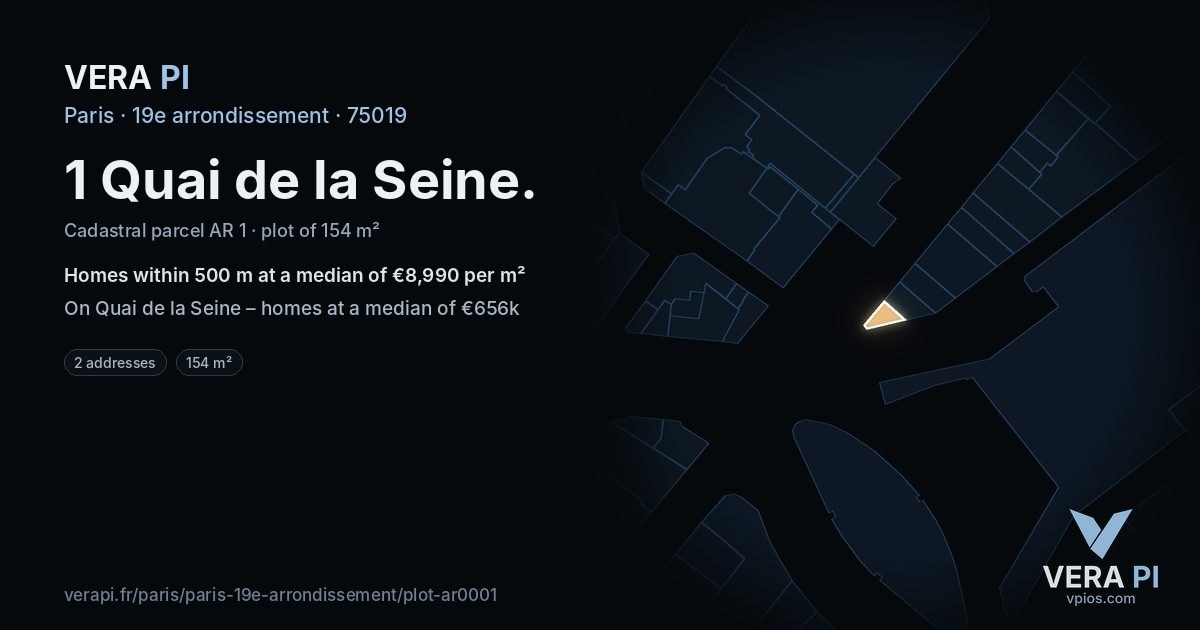 1 Quai de la Seine, 19e arrondissement at night – the plot lit, the parcels around coloured by the prices near them