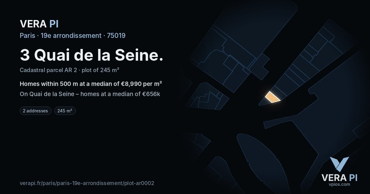 3 Quai de la Seine, 19e arrondissement at night – the plot lit, the parcels around coloured by the prices near them