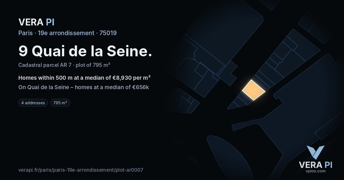 9 Quai de la Seine, 19e arrondissement at night – the plot lit, the parcels around coloured by the prices near them