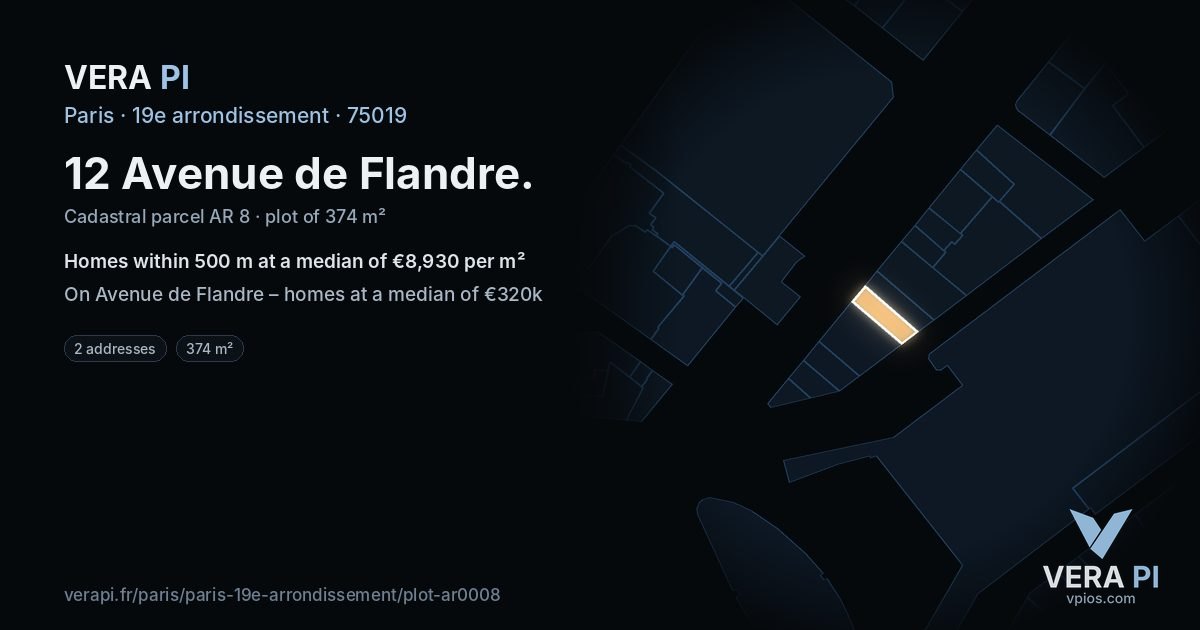 12 Avenue de Flandre, 19e arrondissement at night – the plot lit, the parcels around coloured by the prices near them