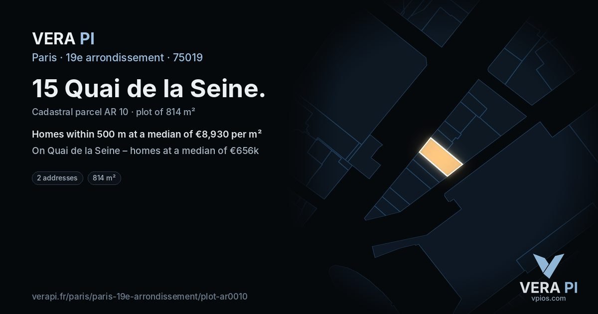 15 Quai de la Seine, 19e arrondissement at night – the plot lit, the parcels around coloured by the prices near them