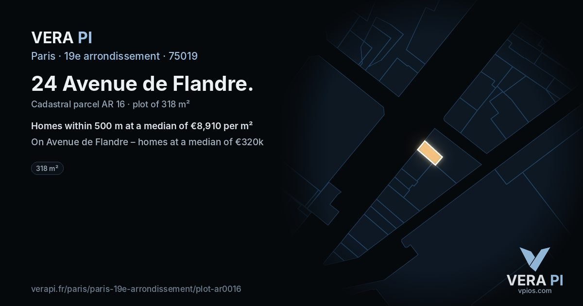 24 Avenue de Flandre, 19e arrondissement at night – the plot lit, the parcels around coloured by the prices near them