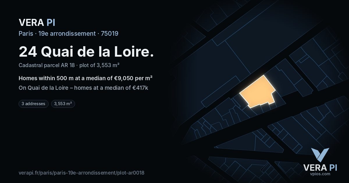 24 Quai de la Loire, 19e arrondissement at night – the plot lit, the parcels around coloured by the prices near them