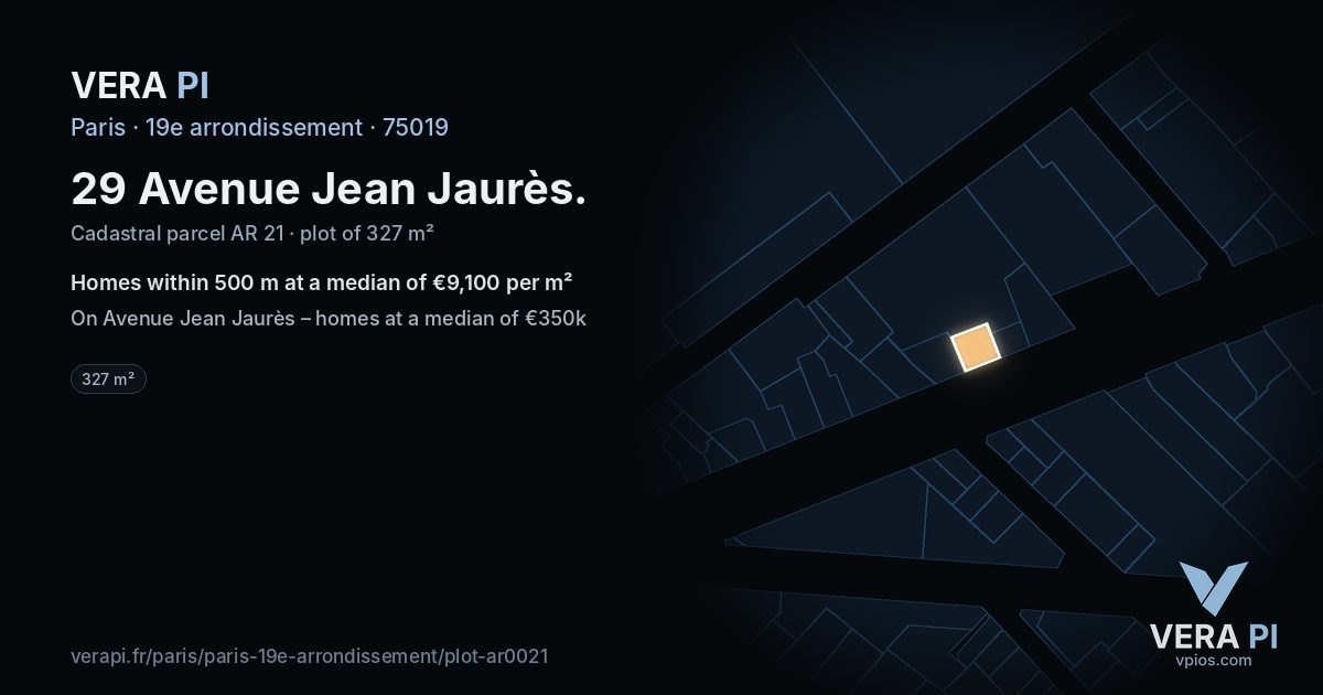 29 Avenue Jean Jaurès, 19e arrondissement at night – the plot lit, the parcels around coloured by the prices near them