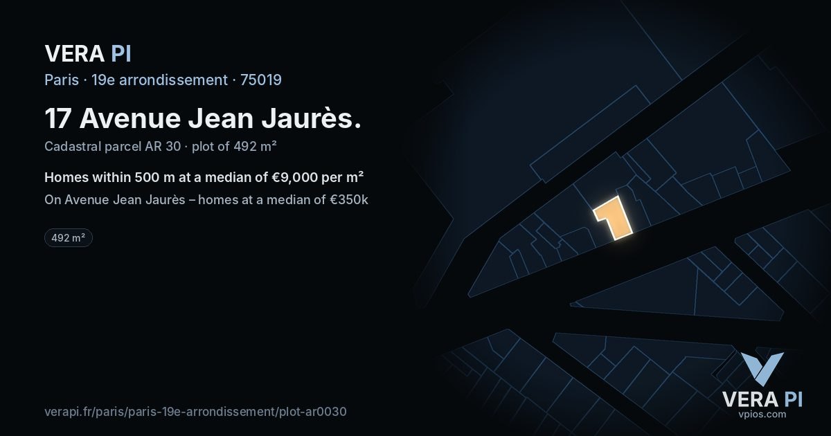 17 Avenue Jean Jaurès, 19e arrondissement at night – the plot lit, the parcels around coloured by the prices near them