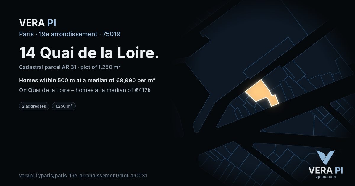 14 Quai de la Loire, 19e arrondissement at night – the plot lit, the parcels around coloured by the prices near them