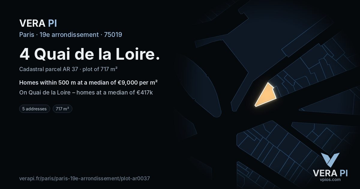 4 Quai de la Loire, 19e arrondissement at night – the plot lit, the parcels around coloured by the prices near them