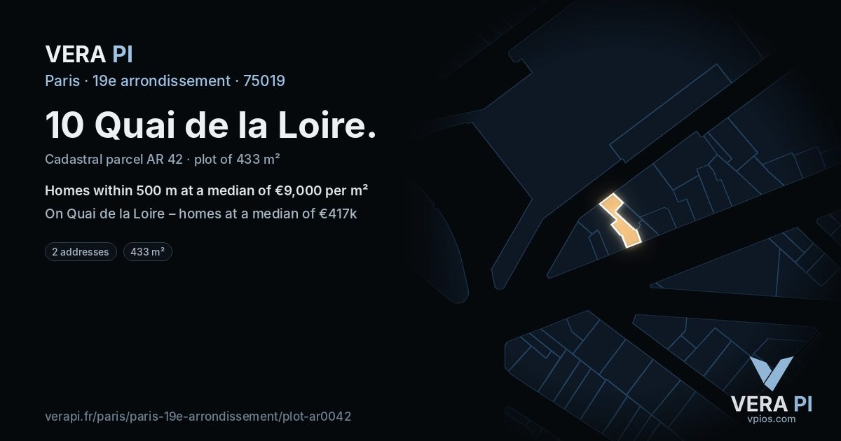 10 Quai de la Loire, 19e arrondissement at night – the plot lit, the parcels around coloured by the prices near them