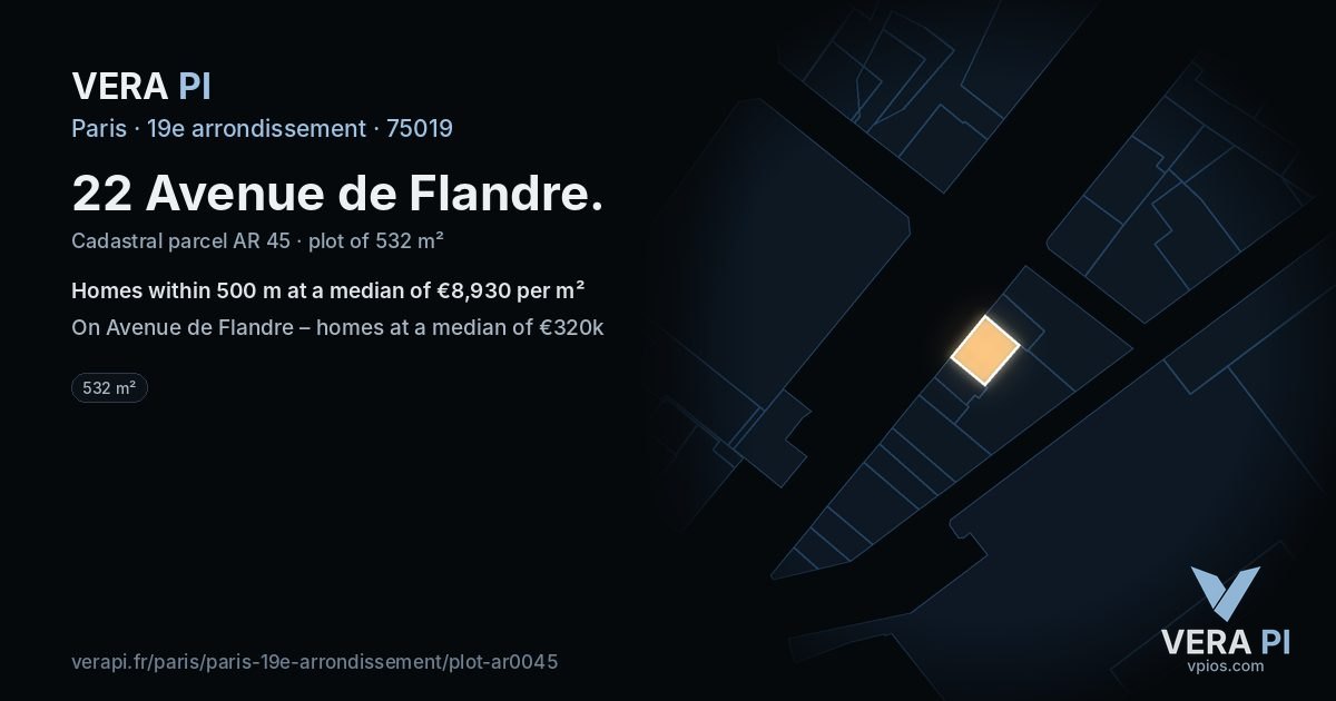 22 Avenue de Flandre, 19e arrondissement at night – the plot lit, the parcels around coloured by the prices near them