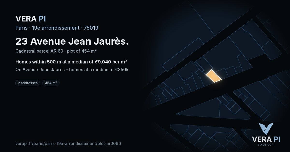 23 Avenue Jean Jaurès, 19e arrondissement at night – the plot lit, the parcels around coloured by the prices near them
