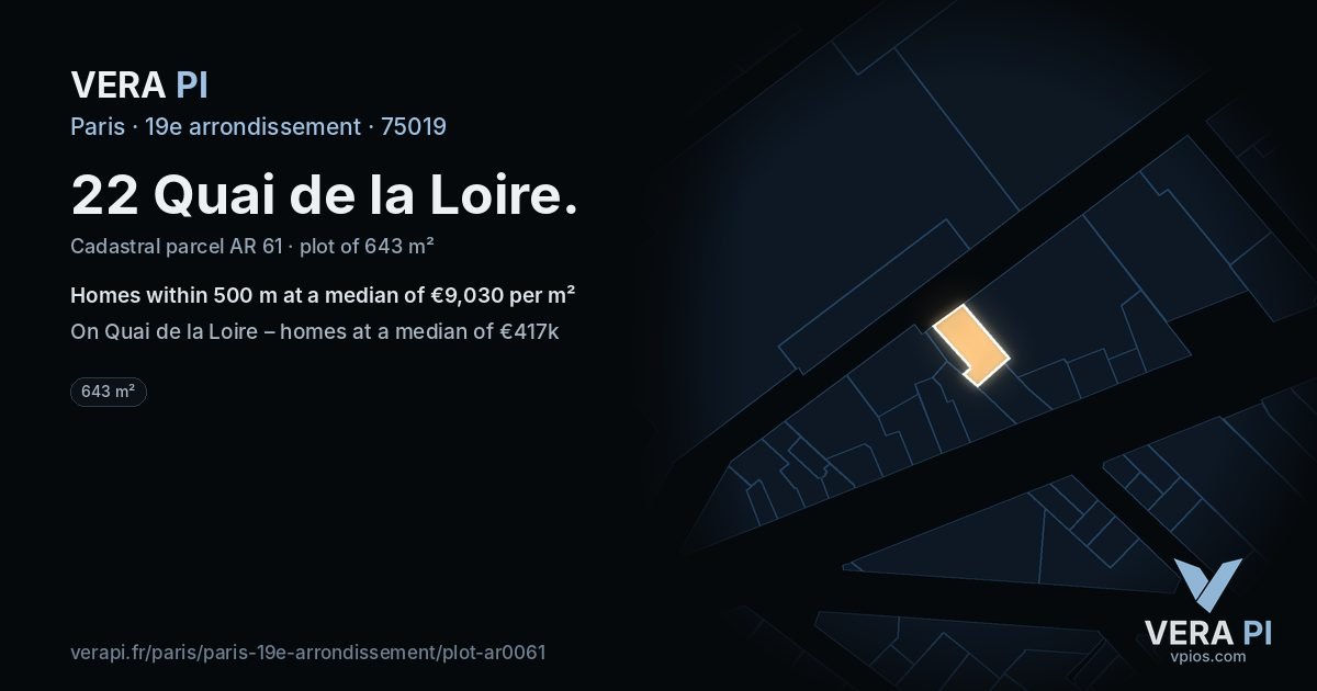 22 Quai de la Loire, 19e arrondissement at night – the plot lit, the parcels around coloured by the prices near them