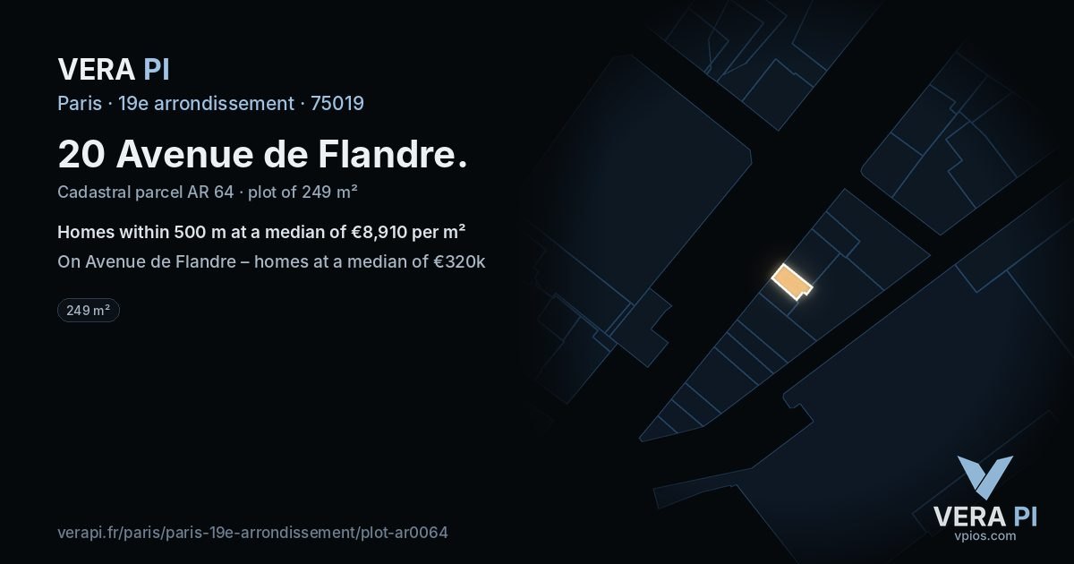 20 Avenue de Flandre, 19e arrondissement at night – the plot lit, the parcels around coloured by the prices near them