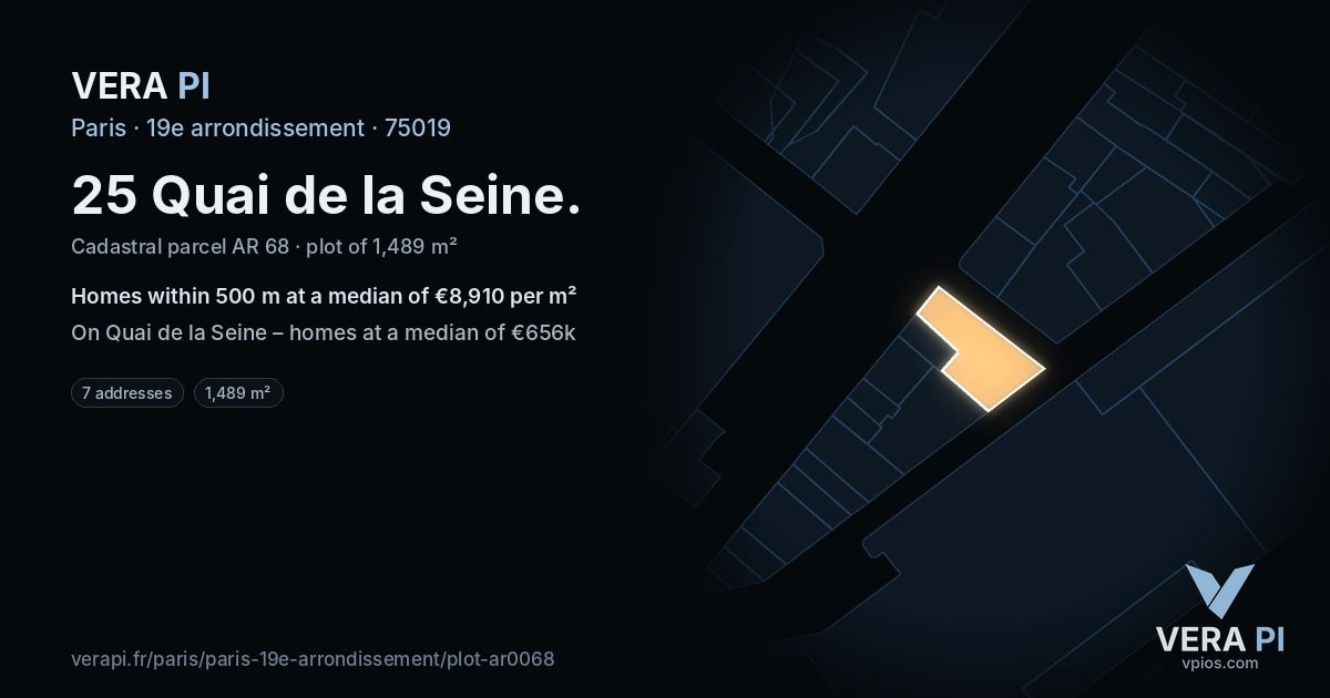 25 Quai de la Seine, 19e arrondissement at night – the plot lit, the parcels around coloured by the prices near them