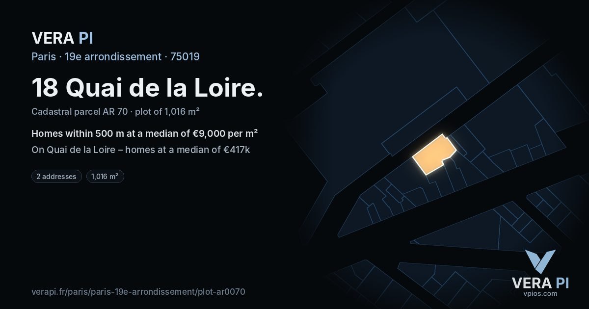 18 Quai de la Loire, 19e arrondissement at night – the plot lit, the parcels around coloured by the prices near them