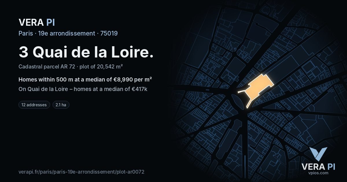 3 Quai de la Loire, 19e arrondissement at night – the plot lit, the parcels around coloured by the prices near them
