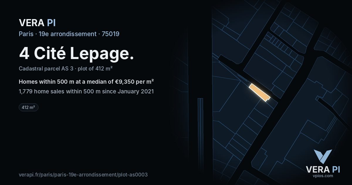 4 Cité Lepage, 19e arrondissement at night – the plot lit, the parcels around coloured by the prices near them