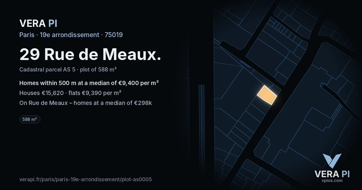 29 Rue de Meaux, 19e arrondissement at night – the plot lit, the parcels around coloured by the prices near them