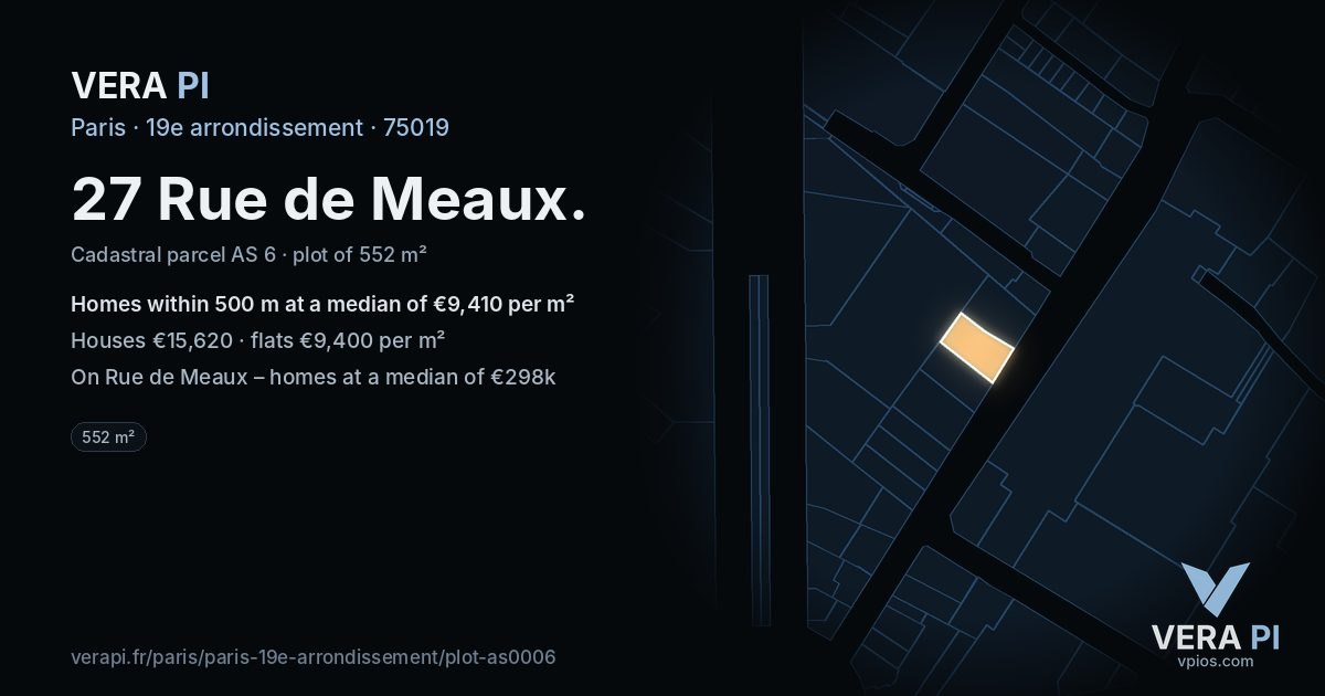 27 Rue de Meaux, 19e arrondissement at night – the plot lit, the parcels around coloured by the prices near them