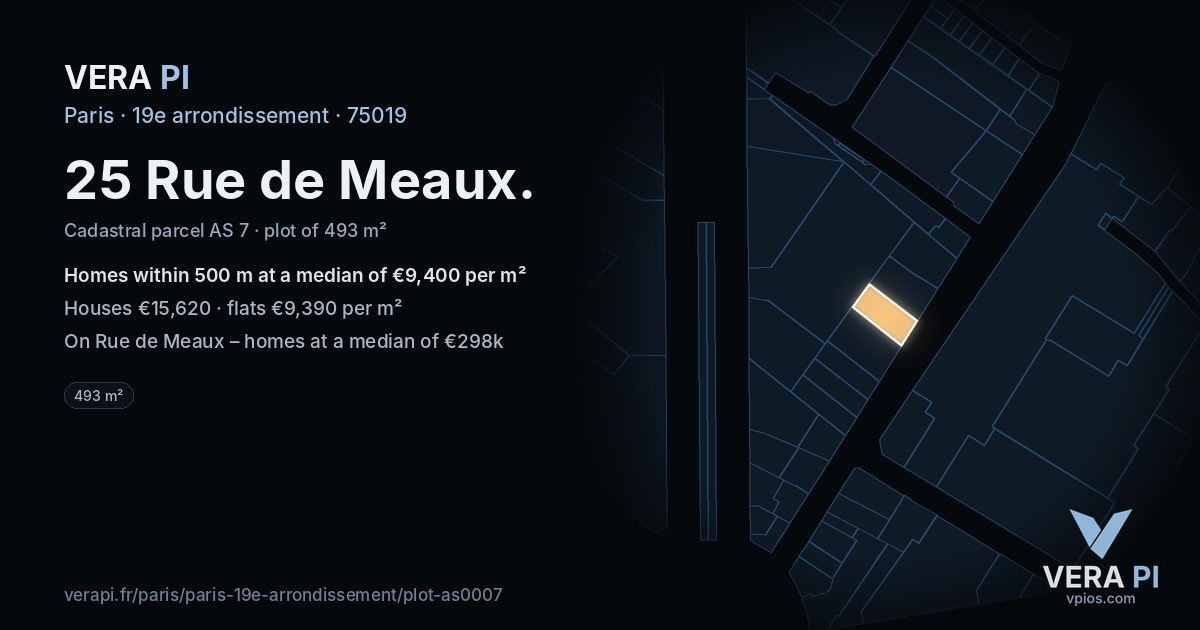 25 Rue de Meaux, 19e arrondissement at night – the plot lit, the parcels around coloured by the prices near them