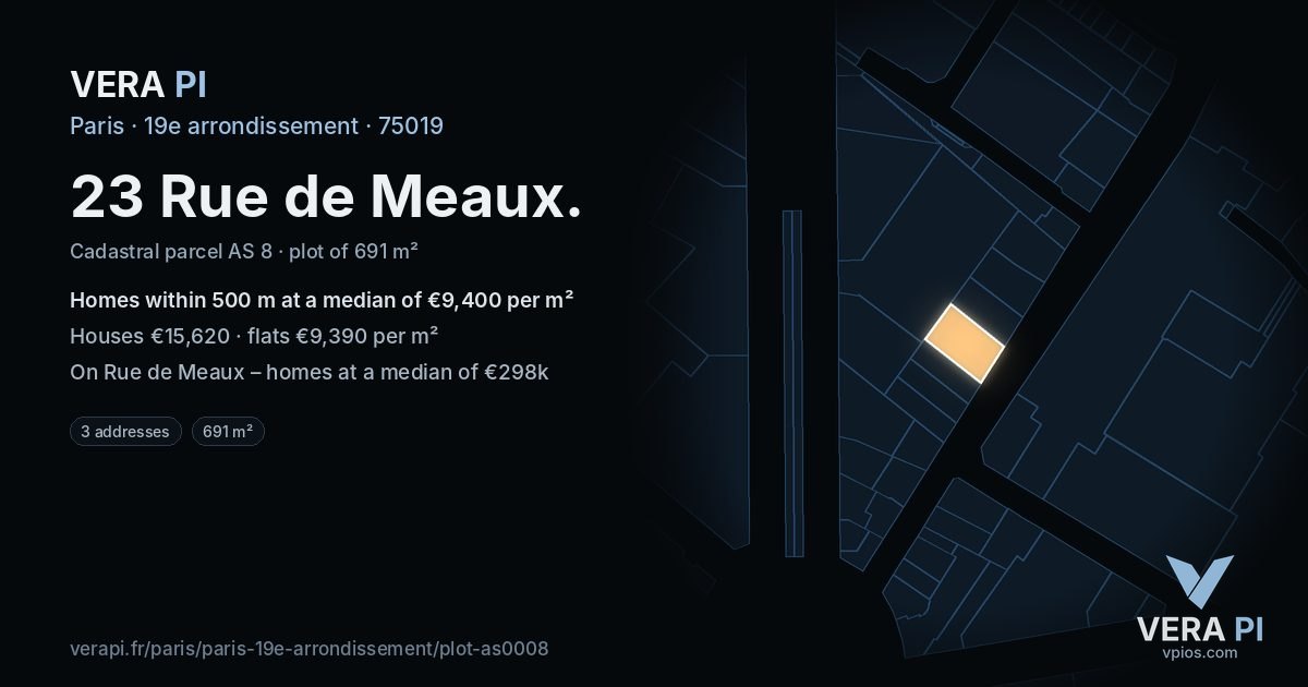 23 Rue de Meaux, 19e arrondissement at night – the plot lit, the parcels around coloured by the prices near them