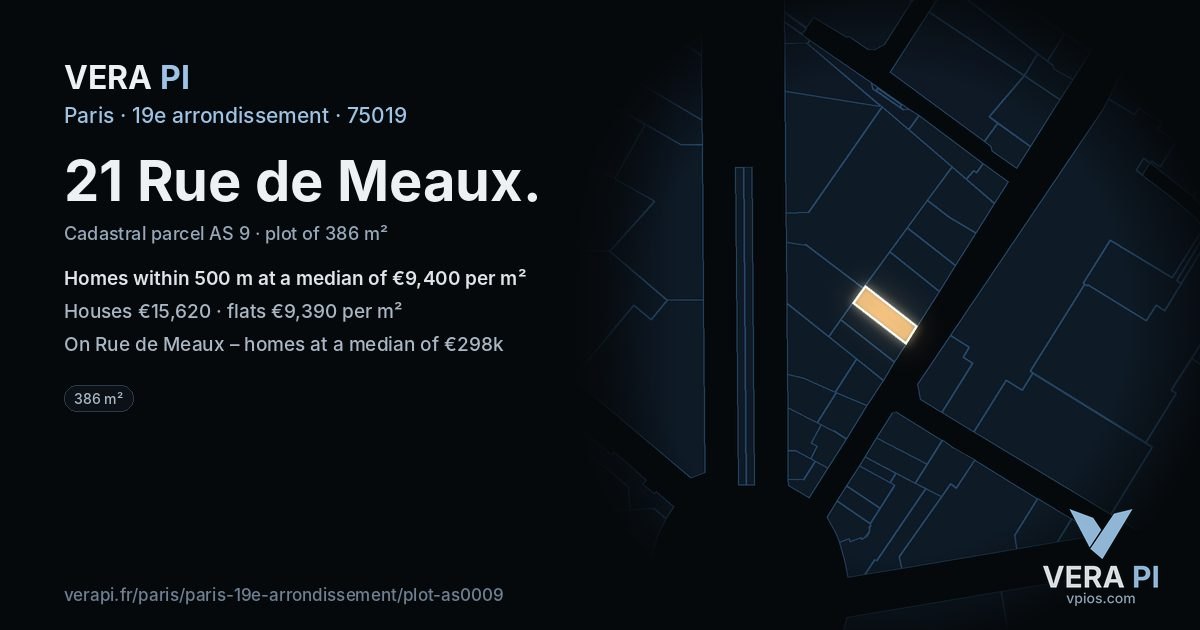 21 Rue de Meaux, 19e arrondissement at night – the plot lit, the parcels around coloured by the prices near them