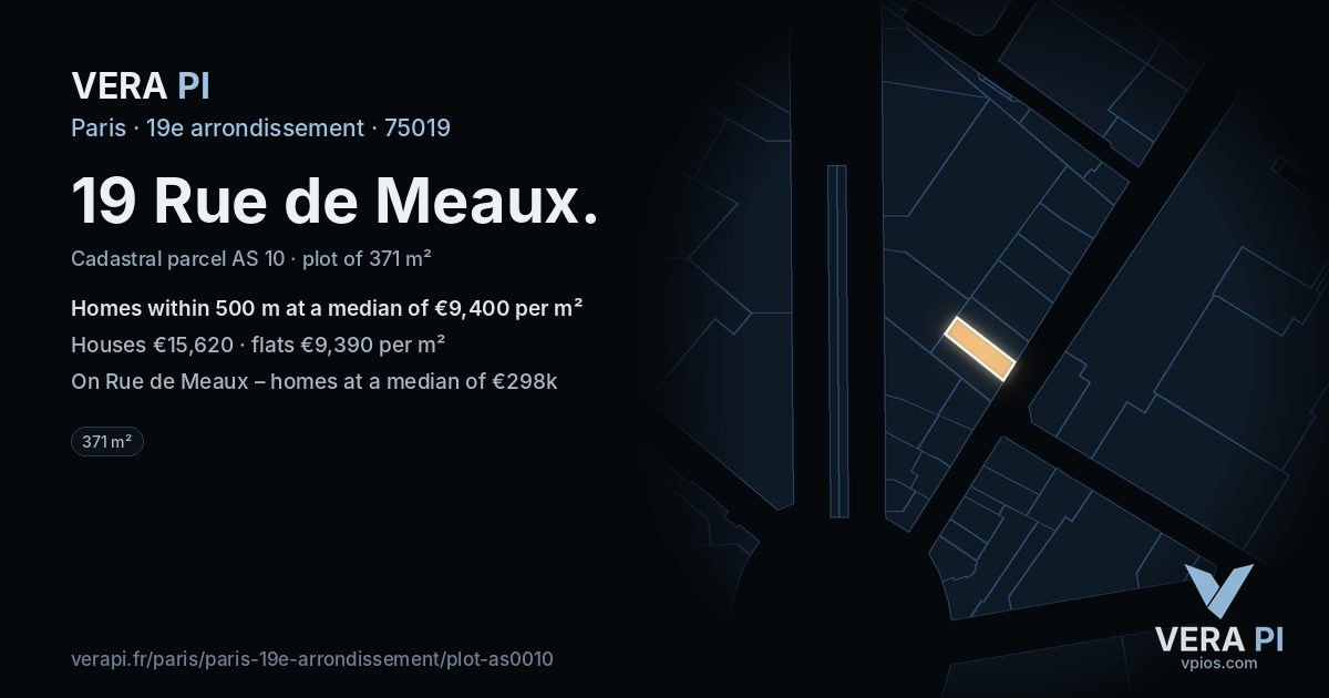 19 Rue de Meaux, 19e arrondissement at night – the plot lit, the parcels around coloured by the prices near them