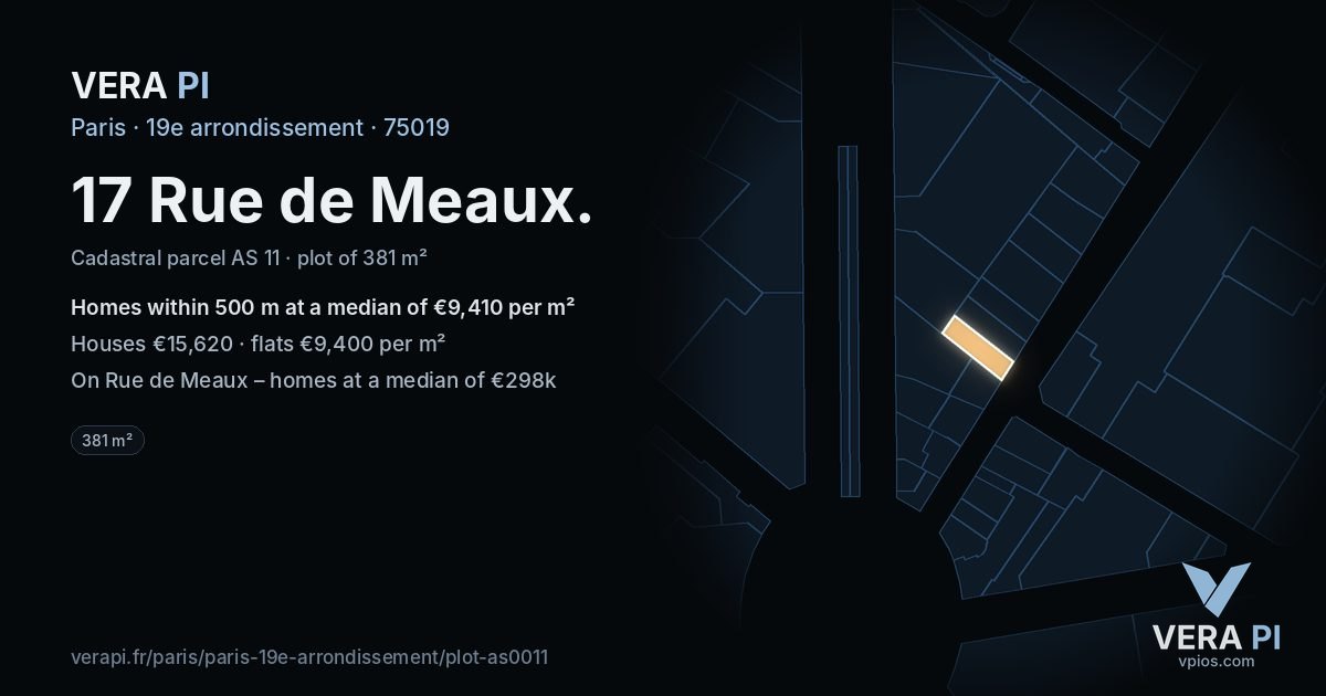 17 Rue de Meaux, 19e arrondissement at night – the plot lit, the parcels around coloured by the prices near them