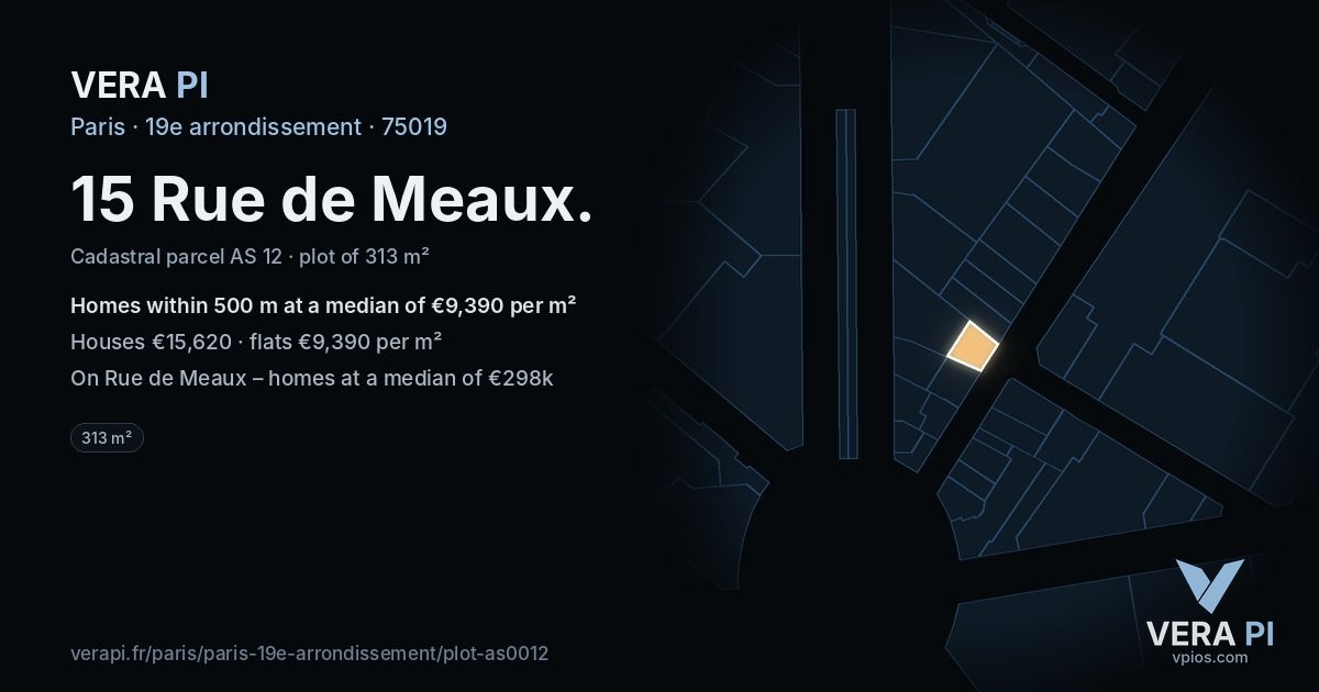 15 Rue de Meaux, 19e arrondissement at night – the plot lit, the parcels around coloured by the prices near them
