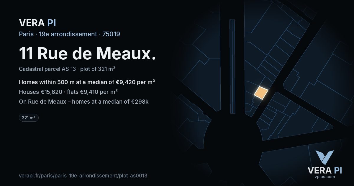 11 Rue de Meaux, 19e arrondissement at night – the plot lit, the parcels around coloured by the prices near them