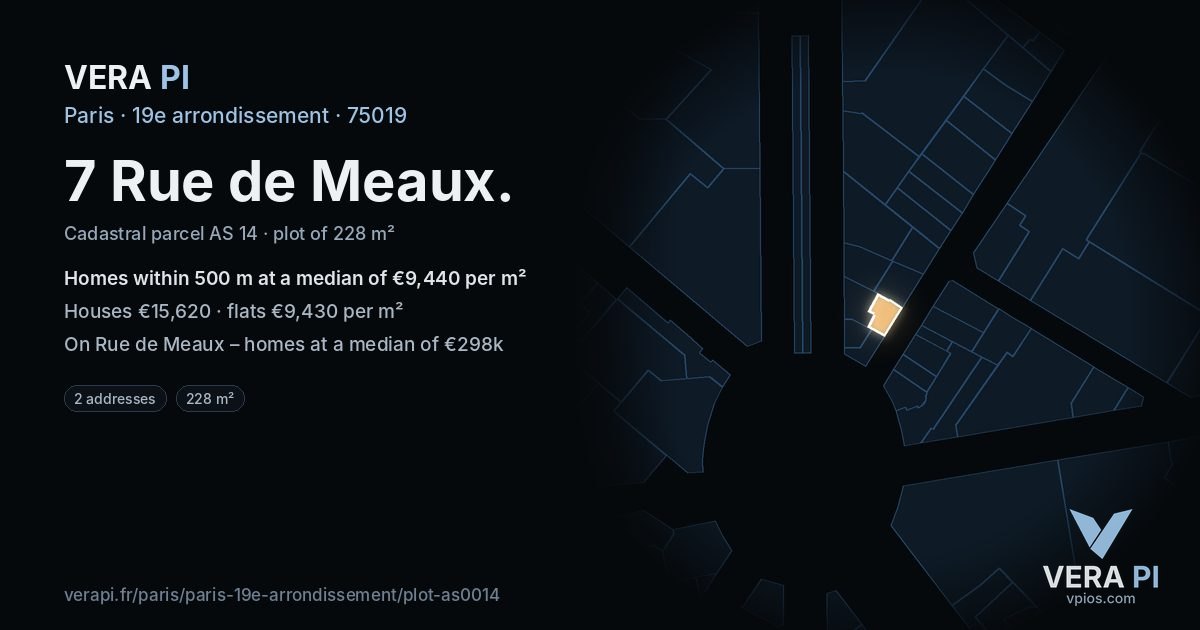 7 Rue de Meaux, 19e arrondissement at night – the plot lit, the parcels around coloured by the prices near them