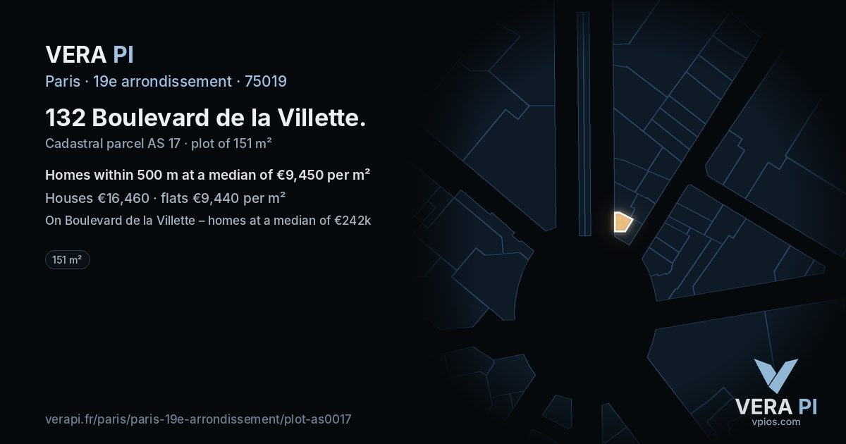 132 Boulevard de la Villette, 19e arrondissement at night – the plot lit, the parcels around coloured by the prices near them