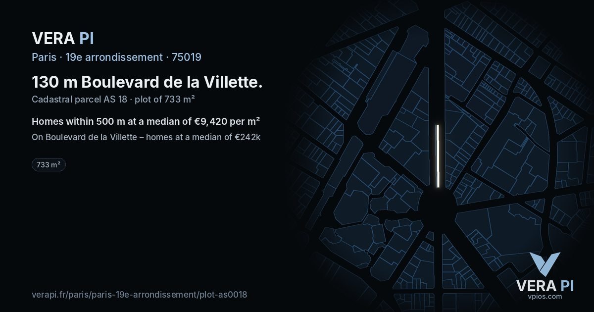 130 m Boulevard de la Villette, 19e arrondissement at night – the plot lit, the parcels around coloured by the prices near them