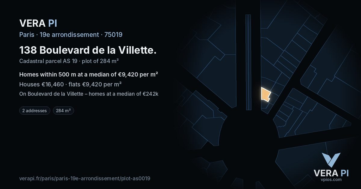 138 Boulevard de la Villette, 19e arrondissement at night – the plot lit, the parcels around coloured by the prices near them