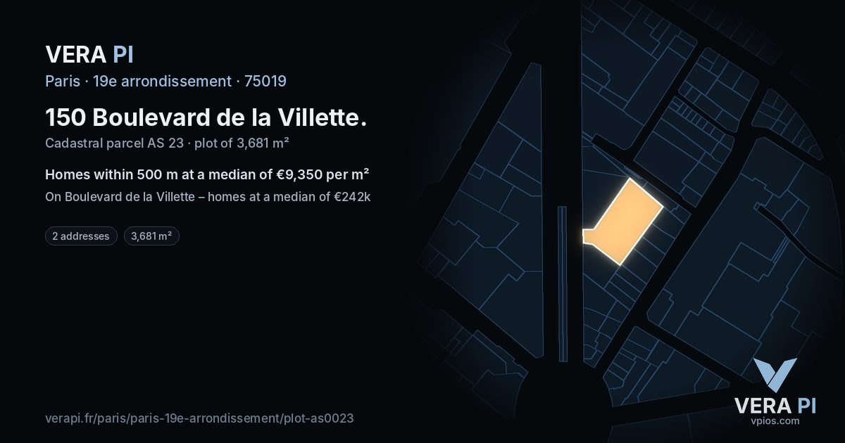 150 Boulevard de la Villette, 19e arrondissement at night – the plot lit, the parcels around coloured by the prices near them