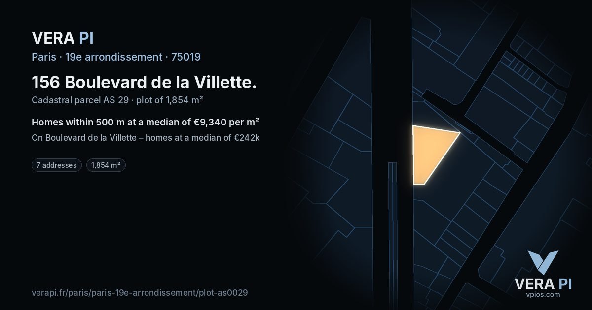 156 Boulevard de la Villette, 19e arrondissement at night – the plot lit, the parcels around coloured by the prices near them