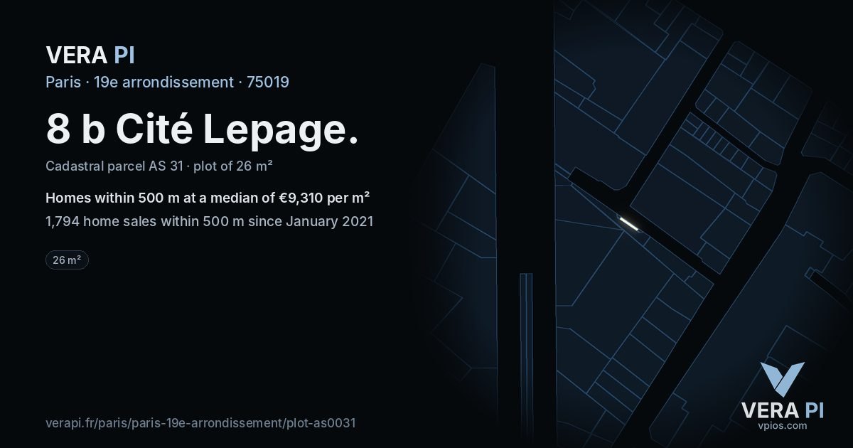 8 b Cité Lepage, 19e arrondissement at night – the plot lit, the parcels around coloured by the prices near them