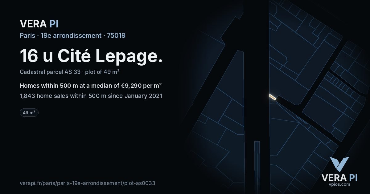 16 u Cité Lepage, 19e arrondissement at night – the plot lit, the parcels around coloured by the prices near them