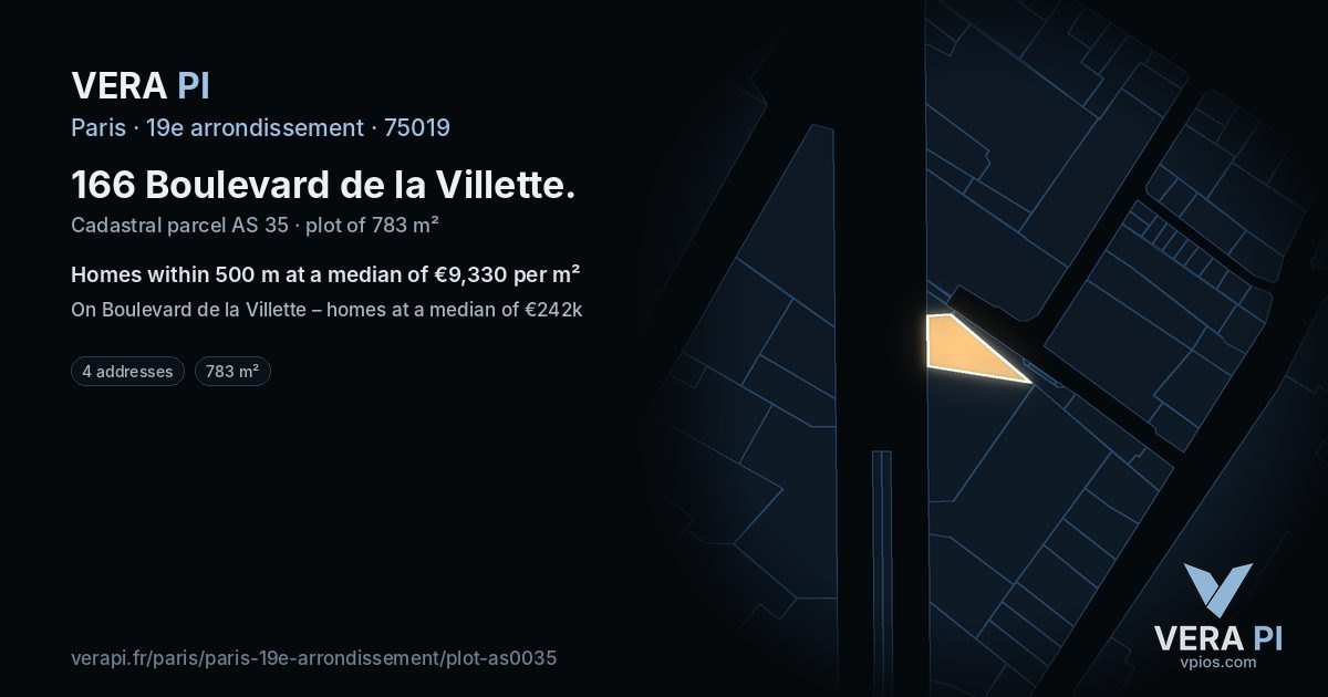 166 Boulevard de la Villette, 19e arrondissement at night – the plot lit, the parcels around coloured by the prices near them