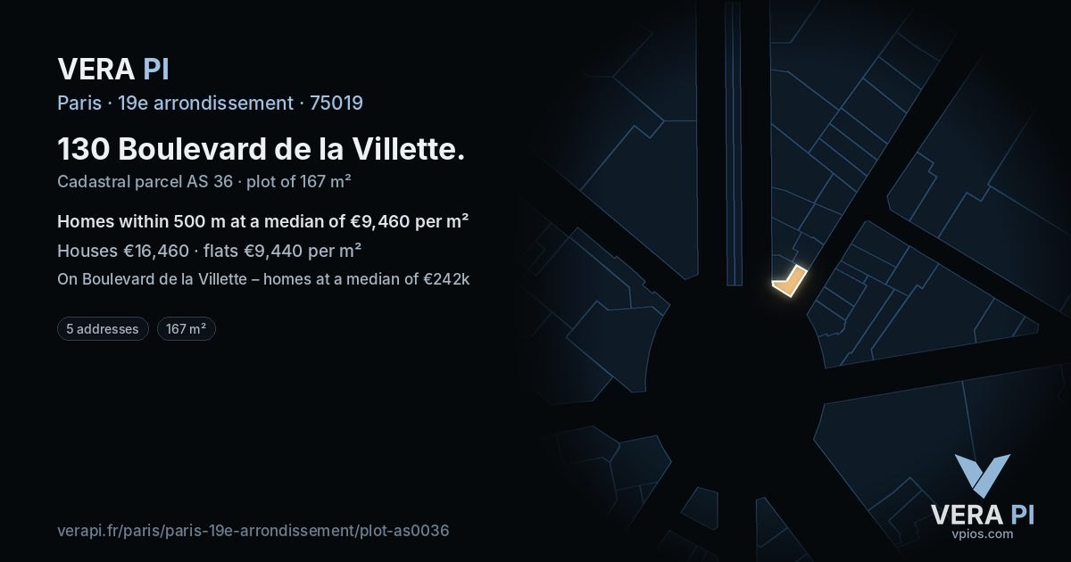 130 Boulevard de la Villette, 19e arrondissement at night – the plot lit, the parcels around coloured by the prices near them