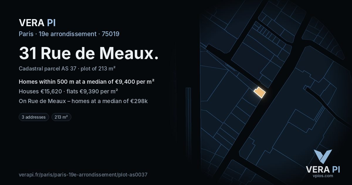 31 Rue de Meaux, 19e arrondissement at night – the plot lit, the parcels around coloured by the prices near them